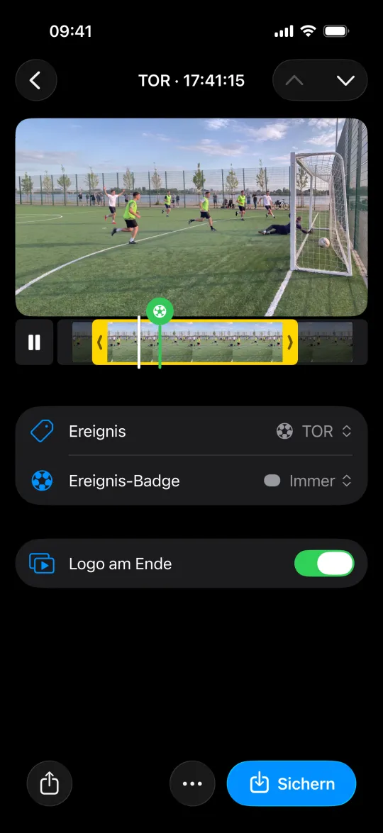 Ein gespeicherter Tor-Clip mit Ereignis-Badge und „In Fotos sichern“