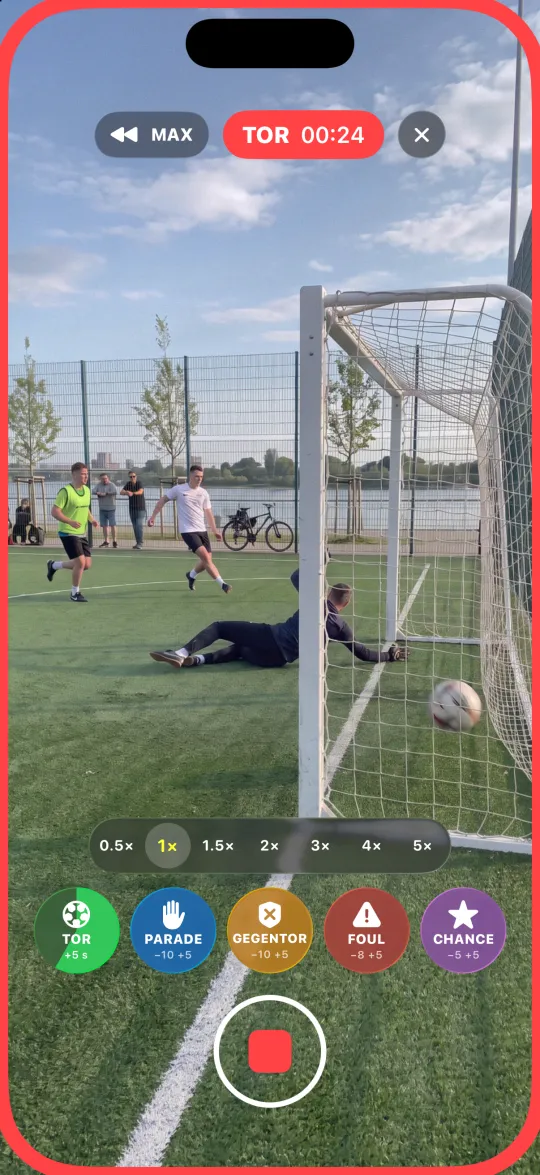 Ein Tor bei einem Amateurspiel, der Ereignis-Button zählt herunter