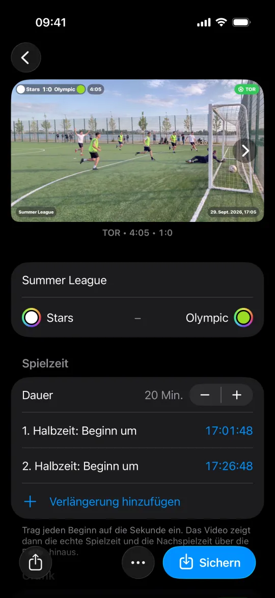 Ein Spiel-Projekt in Minus5: ein Tor-Clip mit Anzeigetafel, Spielzeit und Ereignis-Badge im Video, darunter die Teams und der Beginn der Halbzeiten
