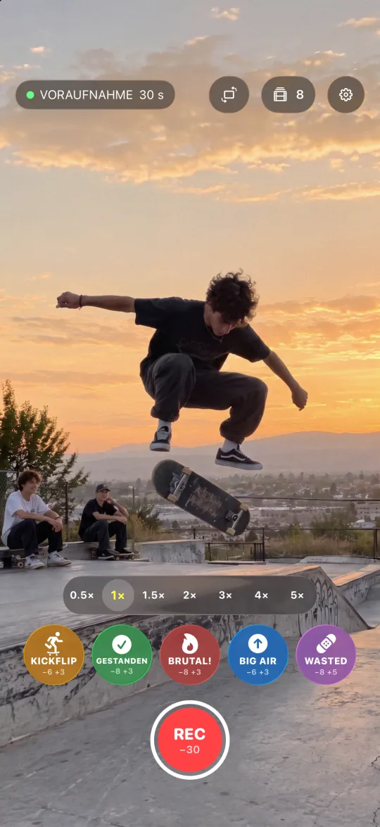 Kamerabildschirm von Minus5 im Skatepark, die Voraufnahme hält die letzten 30 Sekunden