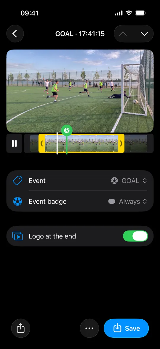A saved goal clip with the event badge switch and Save to Photos