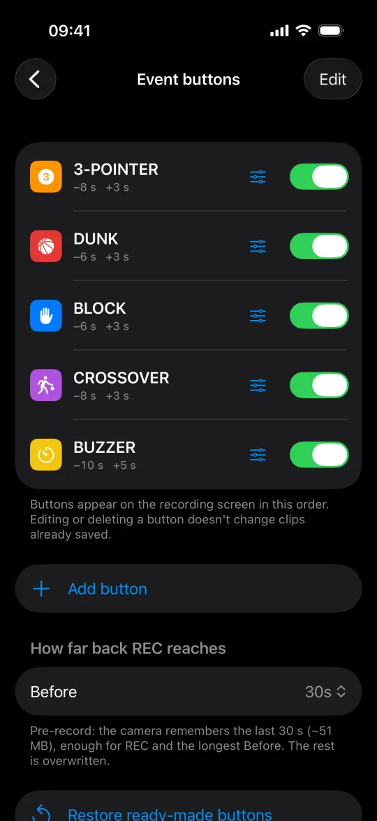 Event buttons of the basketball preset in Settings