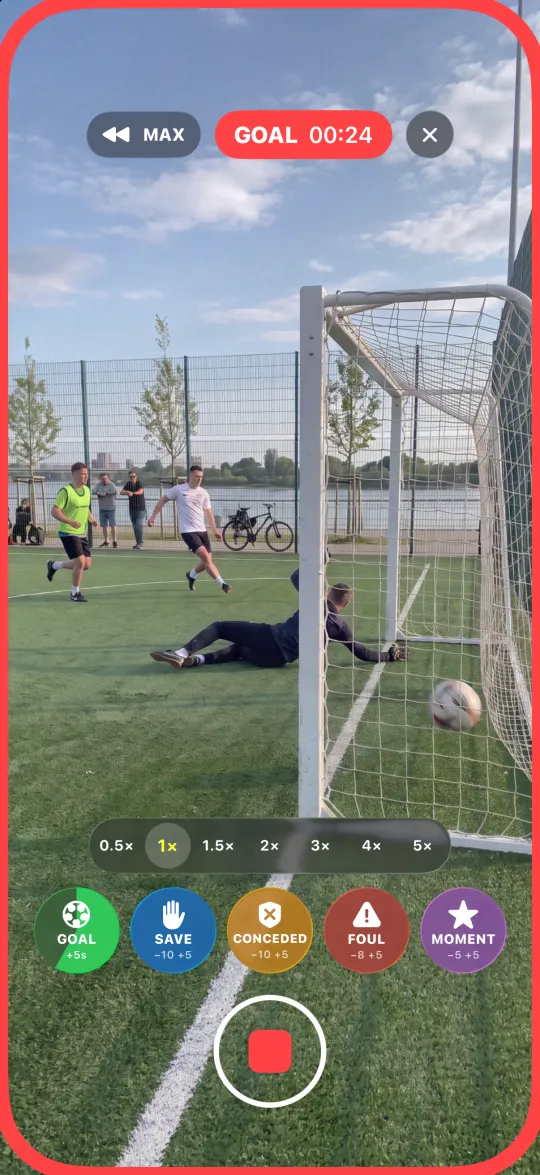 A goal in an amateur football match, the event button counting down