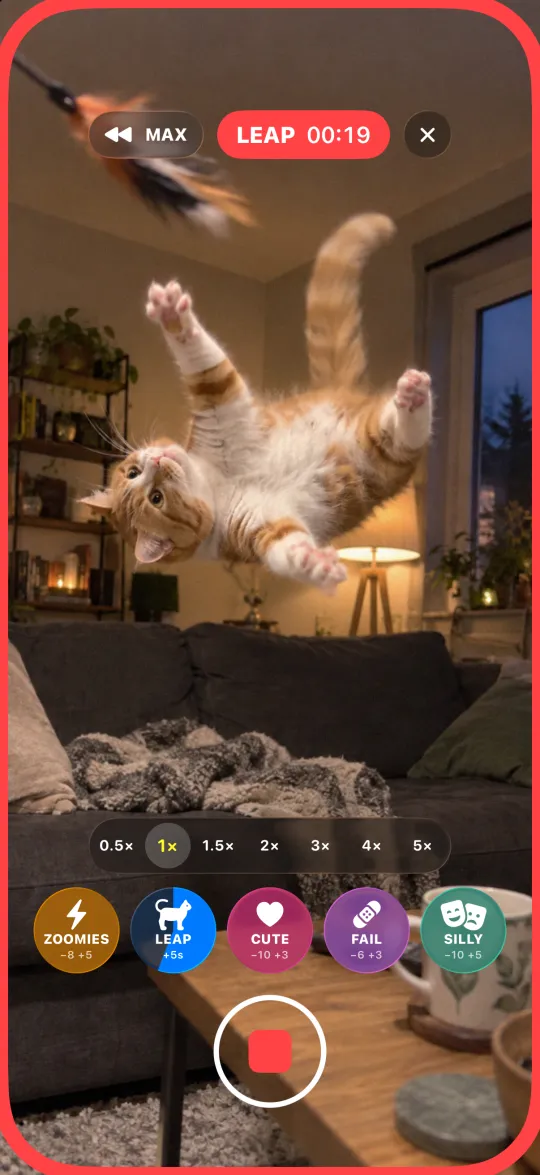 A cat mid-leap in a living room, the event button counting down
