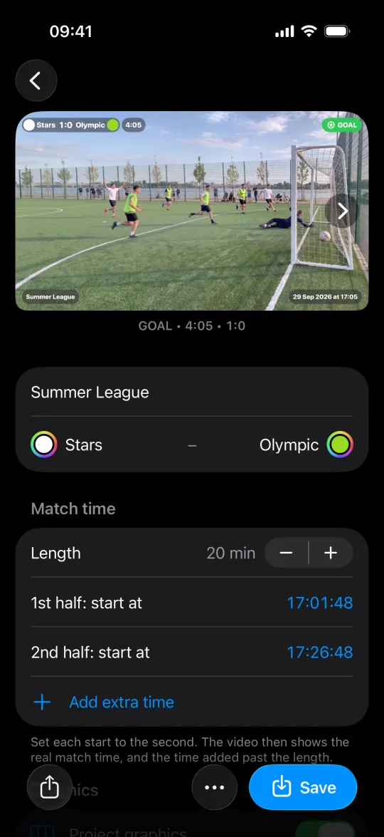 A Match project in Minus5: a goal clip with the scoreboard, match time and event badge on the video, the teams and half starts below