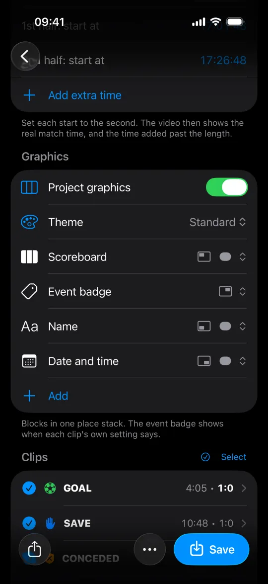 Project graphics settings: the theme and blocks, then the match's clips with their match time and score