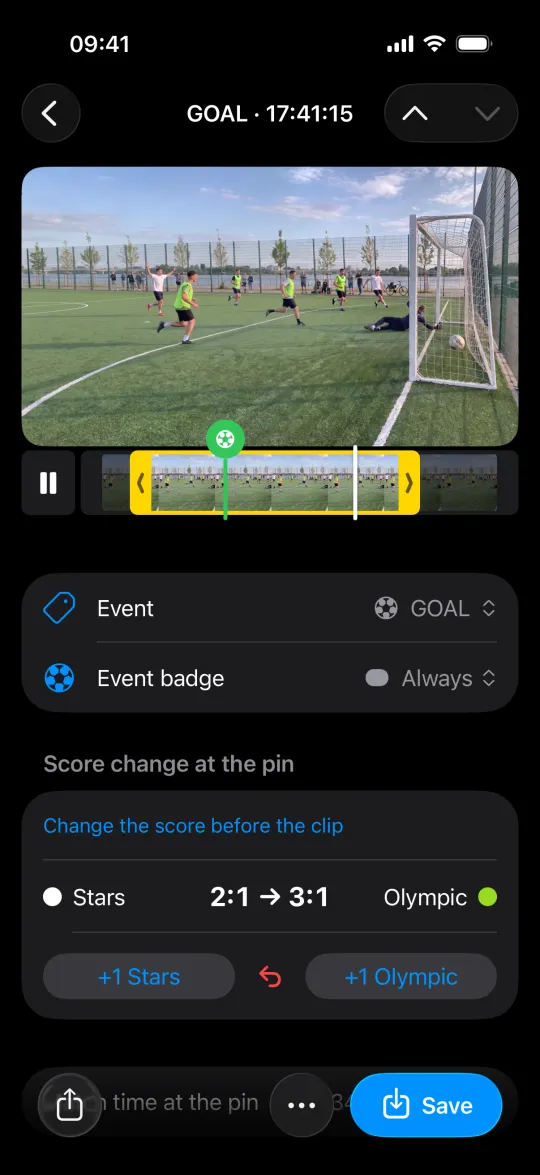 A goal clip opened from the match: the score goes from 2:1 to 3:1 at the moment of the goal, with a +1 button for each team
