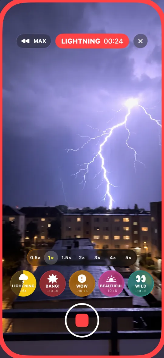 Lightning over a city at night, the event button counting down