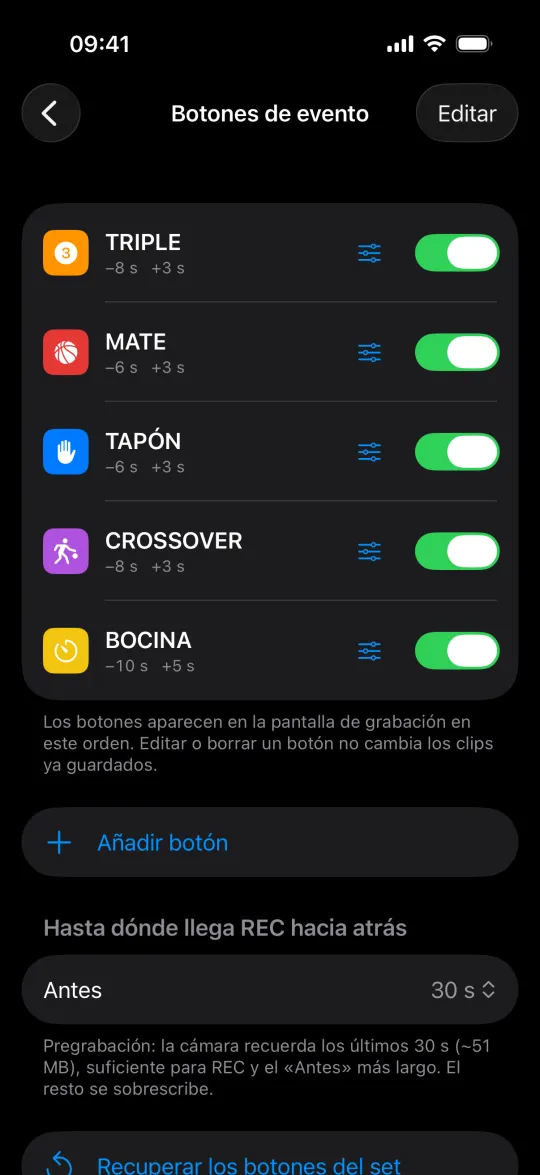 Botones de evento del set de baloncesto en Ajustes