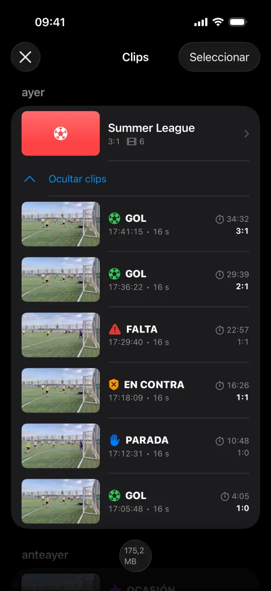 La galería de Minus5: el partido como un solo proyecto con sus clips, cada uno con su tiempo de juego y resultado