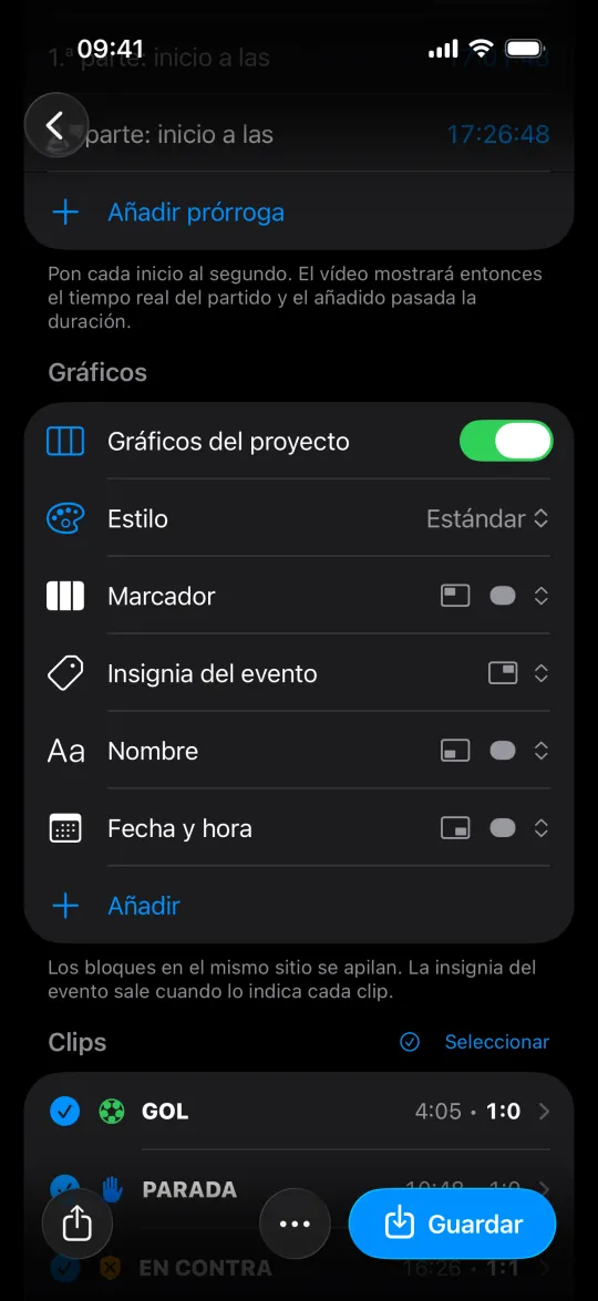 Gráficos del proyecto: estilo y bloques, y debajo los clips del partido con su tiempo de juego y resultado