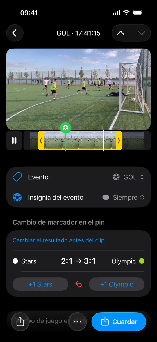 Un clip de gol abierto desde el partido: en el momento del gol el resultado pasa de 2:1 a 3:1, con un botón +1 para cada equipo