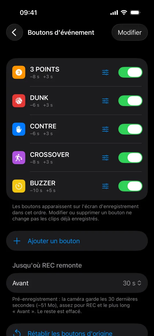Boutons d'événement du jeu basket dans les réglages