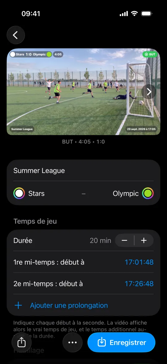 Un projet Match dans Minus5 : un clip de but avec tableau de score, temps de jeu et badge de l'événement sur la vidéo, les équipes et les débuts de mi-temps en dessous