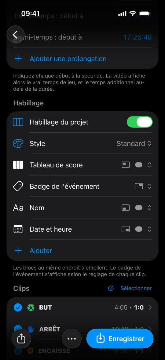 Habillage du projet : style et blocs, puis les clips du match avec leur temps de jeu et leur score